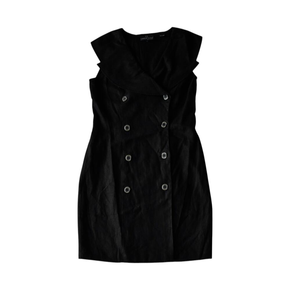 Vintage Black Linen Double Breasted Sheath Dress Size 10P